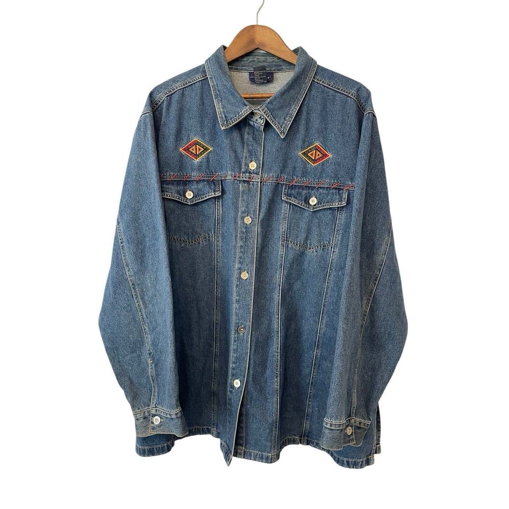 Women's Vtg Denim Shacket Tribal Southwestern Rodeo Size 24W Cowgirl Country